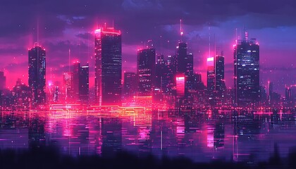 Obraz premium Neon cityscape reflected in water at night.