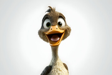 Duck displaying a playful and fun expression on a solid white backdrop.