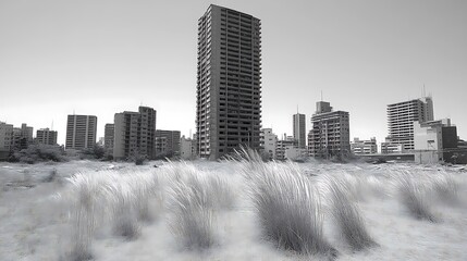 Fototapeta premium A desolate cityscape with tall buildings and tall grass