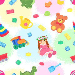 Vector Seamless Pattern with Colorful Textured Illustrations of Kids Toys on Colorful Textured Background