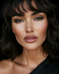 Naklejka premium Close-up of a woman with striking features dark hair and elegant makeup under soft lighting