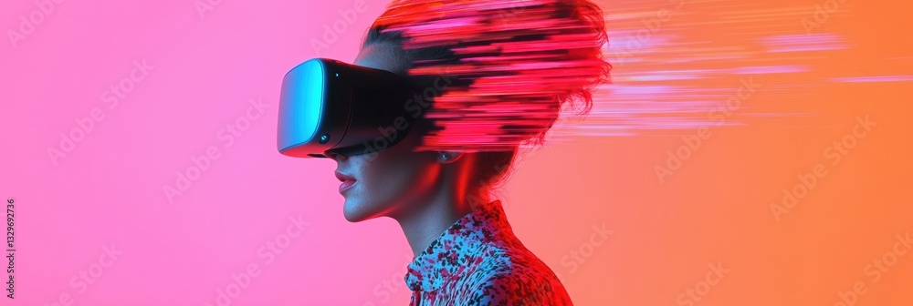 Poster cybernetic sensory immersion gen z digital native explores quantum vr experience with provocative mo