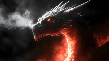 Fiery, majestic dragon portrait; smoke from nostrils, red-orange fire along neck and body, dark background