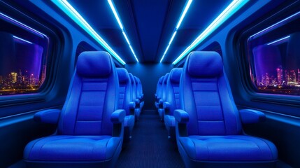 Futuristic interior of a sleek, modern transportation vehicle showcasing vibrant blue seating and ambient lighting
