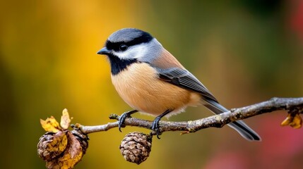 Obraz premium Grey Bird on Branch in Autumn - A small grey bird perches on a branch, symbolizing nature, peace, freedom, resilience, and beauty. Autumn leaves and pine cones add seasonal charm