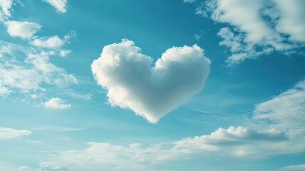 Heart-shaped cloud floats in a blue sky with soft white clouds in a tranquil afternoon setting