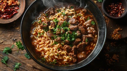 Crockpot beef noodle concept. A steaming bowl of flavorful ramen topped with herbs and spices, surrounded by additional seasonings.