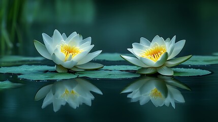 Two beautiful white water lilies floating peacefully on water surfaces