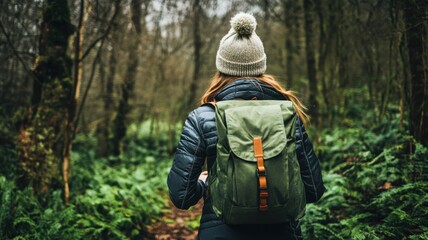 Enjoying a peaceful hike through a lush forest in autumn with a backpack and warm hat