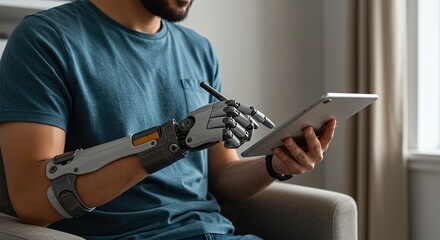Man with Prosthetic Arm Using Tablet - Technology and Accessibility in Modern Life.