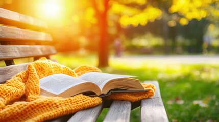 Open Book Resting on a Park Bench Wrapped in a Knitted Scarf on a Sunny Autumn Day
