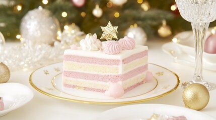 Fototapeta premium Christmas cake slice on table, holiday season