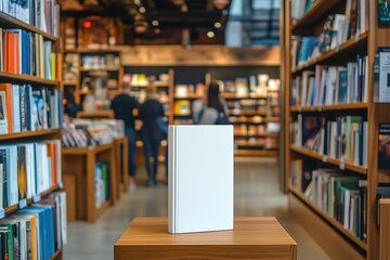 Blank Book Cover Mockup in Bookstore Setting Modern Library Interior Design
