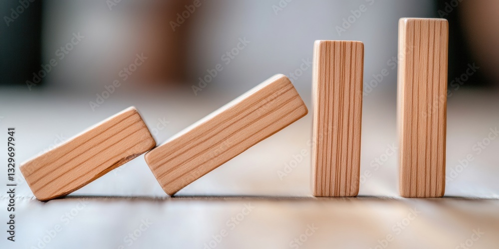 Leinwandbilder minimalist risk management visualization wooden domino blocks demonstrating strategic intervention i