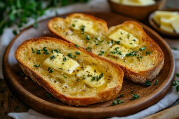 Toasted Bread with Melting Butter and Thyme Sprigs on Wooden Plate