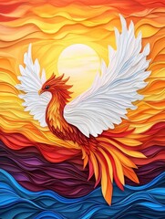 Obraz premium Phoenix Rising Sun - A vibrant phoenix soars through a sunset sky, its fiery plumage contrasting with its white wings. Intricate layered design