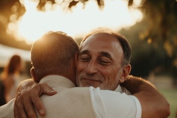 Two men share a heartfelt embrace during a golden hour celebration in a serene outdoor setting