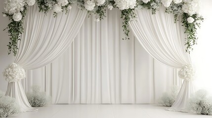 A white draped fabric backdrop with floral embellishments for events