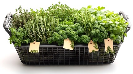 A black basket filled with various fresh herbs