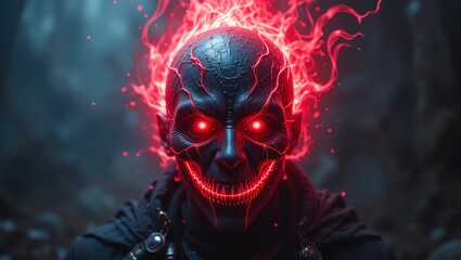 A striking portrayal of a masked figure with glowing red accents, representing a fusion of fantasy and cultural symbolism.