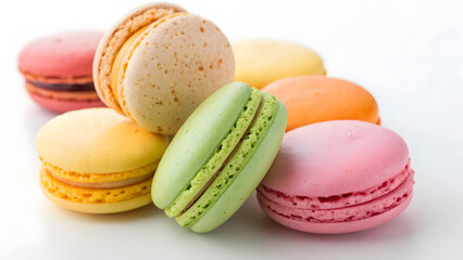 a french sweet delicacy macaroons variety closeup view on the white