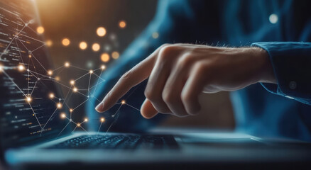 Hand touching laptop screen with digital connections and data visualization