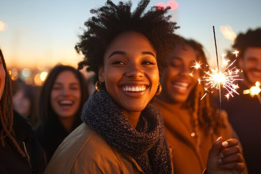 Friends celebrate together at sunset with sparklers, creating joyful memories and laughter during a festive gathering - Powered by Adobe