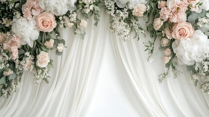Beautiful floral arrangement decorates soft draped fabric in an arch