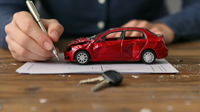 Car accident report with toy car, keys, and paperwork on table