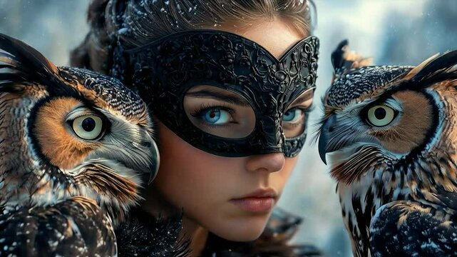 Beautiful woman wearing black mask over her eyes, with two owls on either side, each with blue eyes, looking at her in magical realism style, against falling snow background, scene from fantasy movie