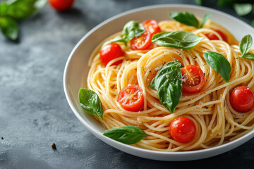 Bowl of spaghetti with fresh tomatoes and basil.