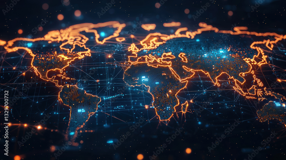 Poster digital world map with glowing connections and data points