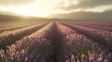 Naklejka premium Golden Hour Lavender Field Rows of Purple Flowers at Sunset