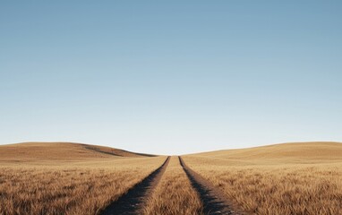 Fototapeta premium Dirt Road Through Golden Field Under Blue Sky