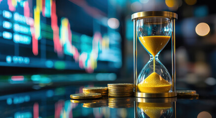 Hourglass with sand, coins, and stock market graph in background, symbolizing time and investment