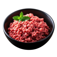 Raw ground meat on black bowl isolated on transparent background