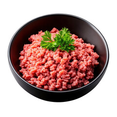 Raw ground meat on black bowl isolated on transparent background