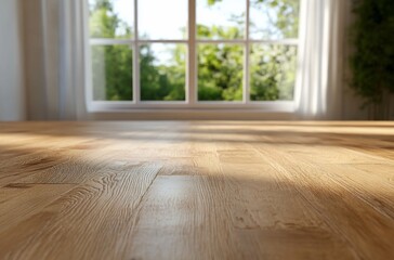 Empty room with wood floor, window, and garden view for product placement