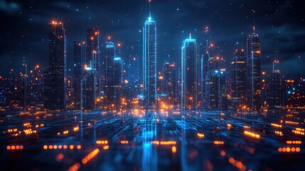 Fototapeta premium Futuristic Cityscape at Night: Digital Metropolis