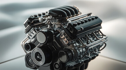 Fototapeta premium Detailed close-up of a modern engine showcasing intricate mechanical components and reflections