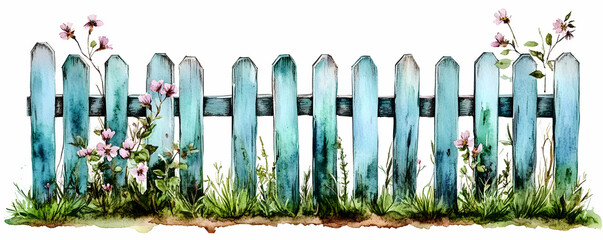 Rustic blue fence, wildflowers, spring. Garden decor