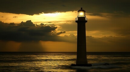 Golden Sunset Silhouette of a Lighthouse on the Ocean