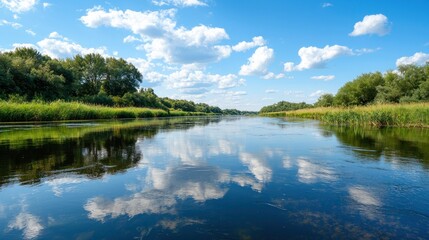 Fototapeta premium Serene river landscape with clear blue sky and fluffy clouds reflected on water.