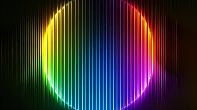 A colorful, abstract design with a yellow circle in the center. The design is made up of many thin, parallel lines that create a sense of movement and energy. Scene is vibrant and dynamic