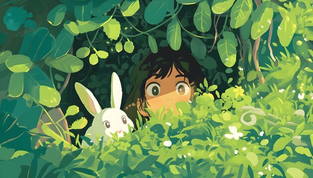 An anime girl and a rabbit hide in the lush bush, their eyes peeking out curiously.