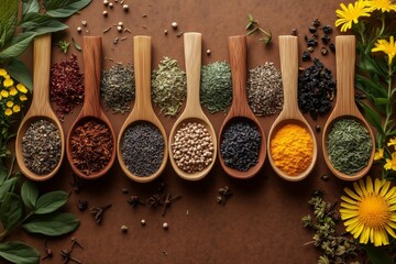 Liver detox super food selection in wooden bowls and spoons over brown paper background