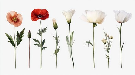 Obraz premium Watercolor Flower Set Isolated on White - Elegant watercolor painting of various flowers, symbolizing beauty, nature, tranquility, growth, and springtime. Perfect for design projects