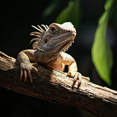 Fototapeta premium Close-up View of a Lizard on a Branch in Natural Habitat with Lush Green Leaves Background