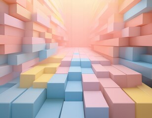 Abstract 3D geometric background with layered cubes and shadows, deep perspective, soft glow