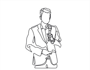 Business conference, business meeting. Man at rostrum in front of audience. Public speaker giving a talk at conference hall- continuous line drawing
